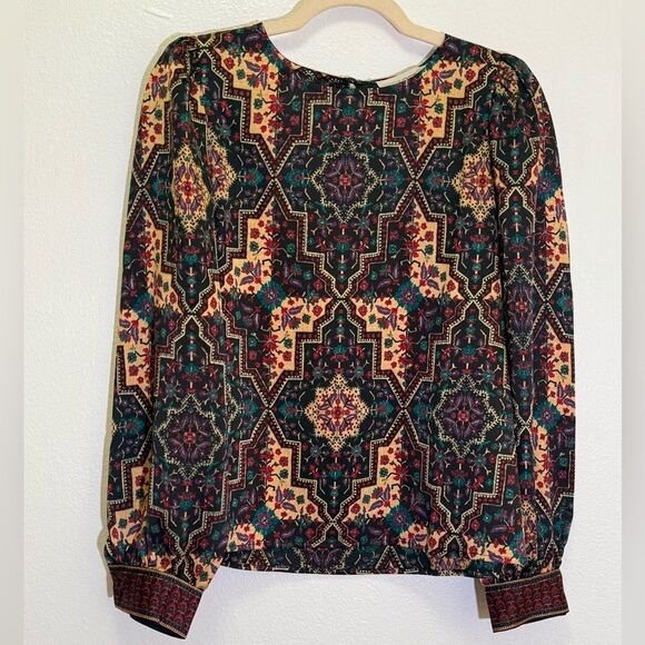 LOFT Tops - Loft - Multicolor Floral Geometric Bell Long Sleeve Blouse Top - size S (NWT)